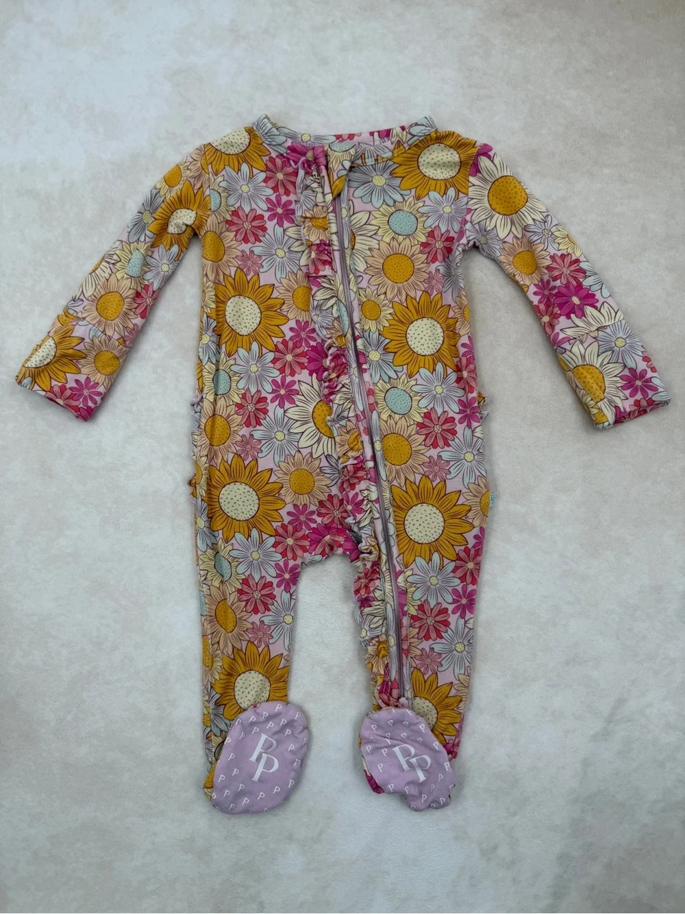Posh Peanut Sunflower & Daisy Zip Footed One-Piece - Pink, Yellow, Cream